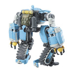 Toy robot with blue, gray, and yellow colors on a white background