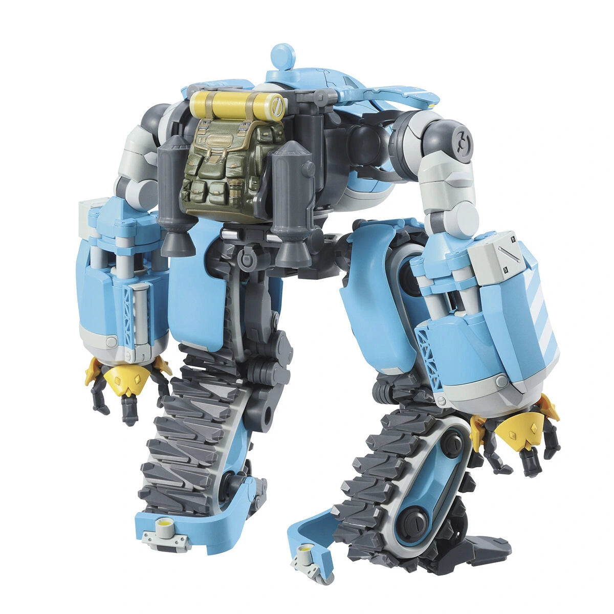 Toy robot with blue, gray, and yellow colors on a white background