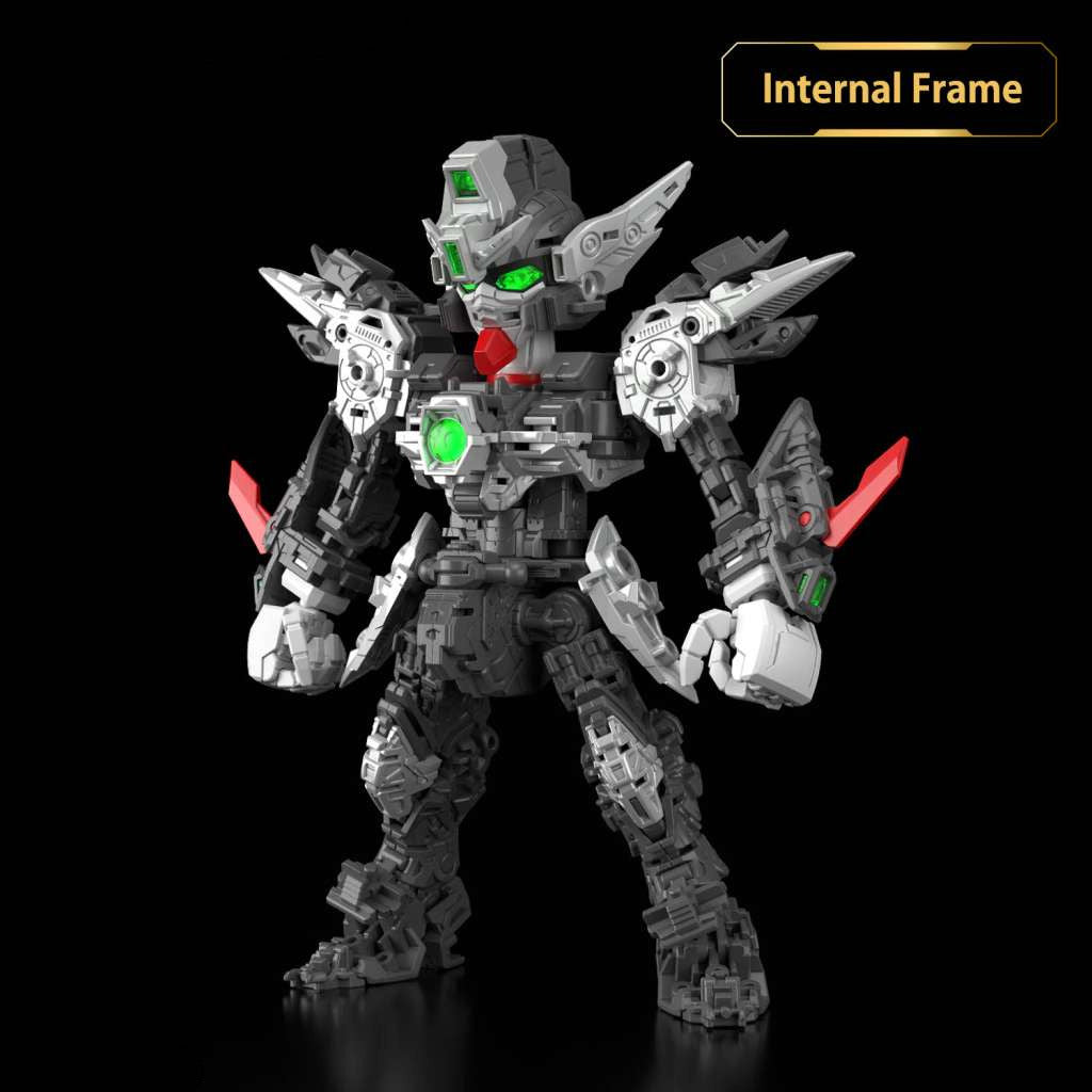 Mechanical figure with green eyes and red accents on a black background