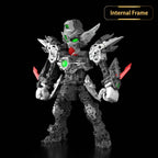 Mechanical figure with green eyes and red accents on a black background