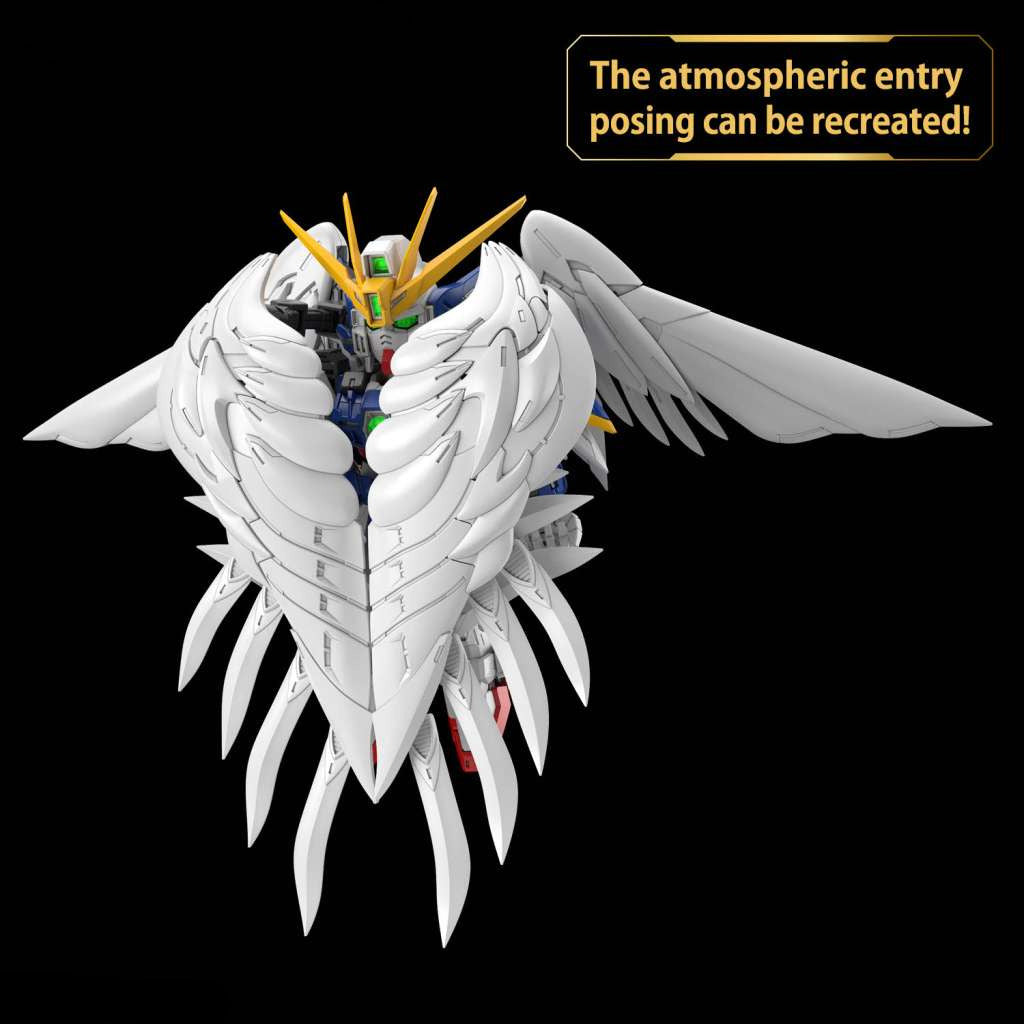 Model kit of a robot with large wings on a black background, featuring text about atmospheric entry.